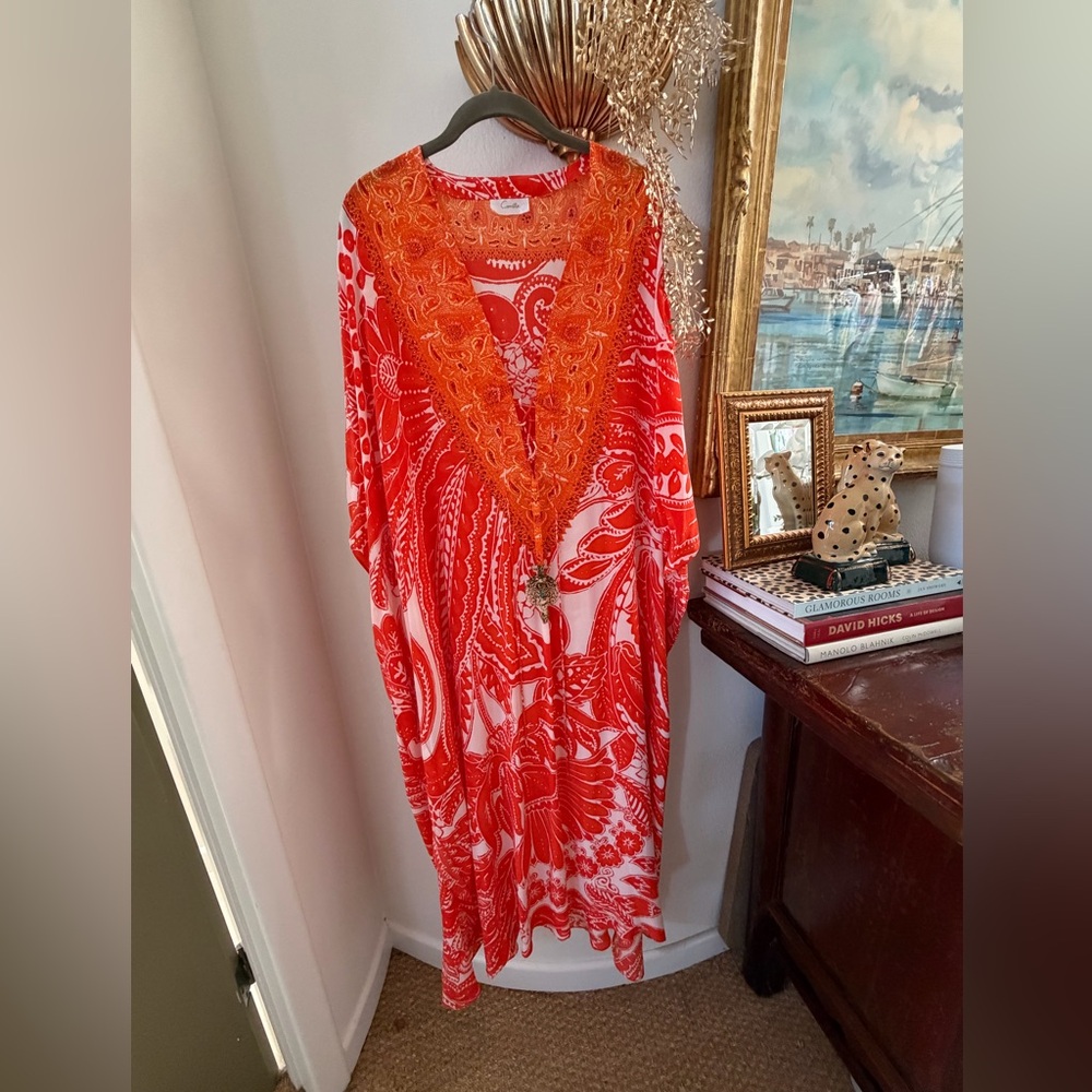 Camilla vibrant kaftan style dress coverup one size. 100% silk.